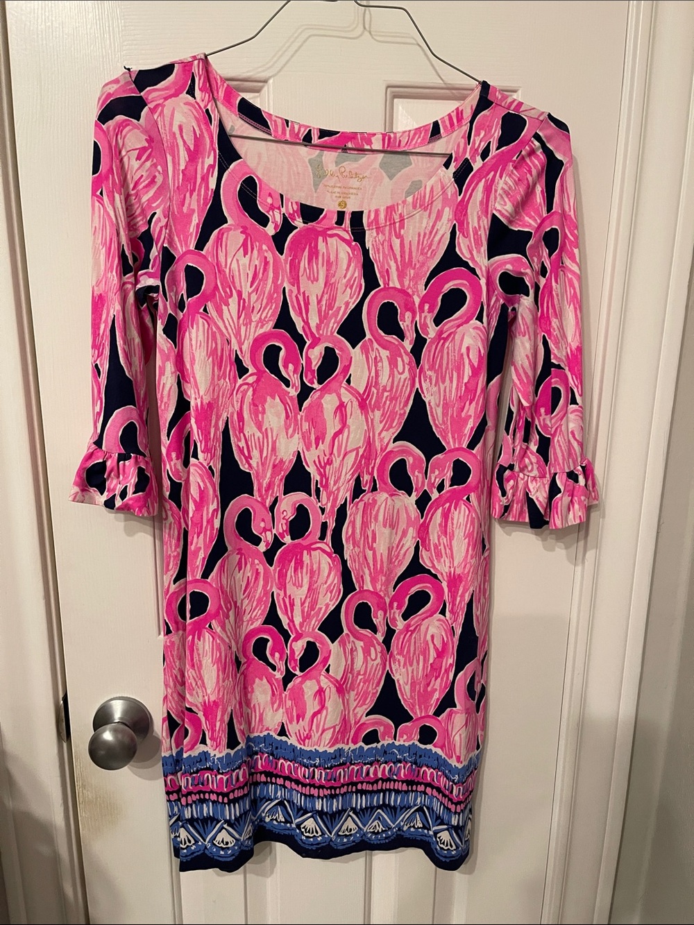 Lilly Pulitzer Navy & Hot Pink Flamingo Print Casual Dress